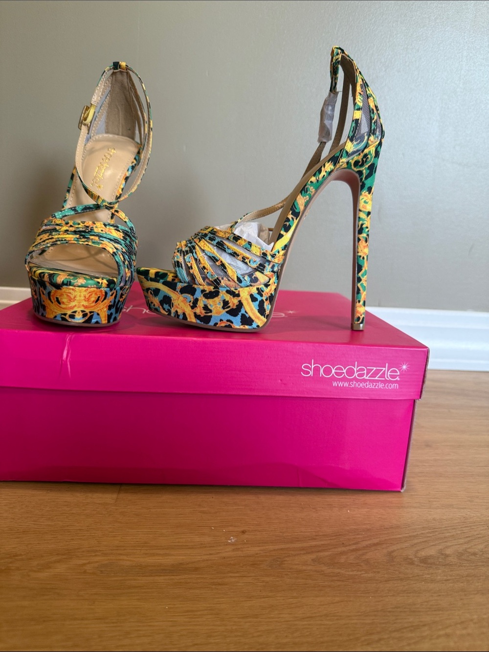 Shoe Dazzle Yellow and Green Floral Print Platform Stiletto Sandals